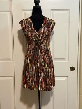 Vintage Christina Brown Multi-Color V-Neck Cap Sleeve Mini Dress